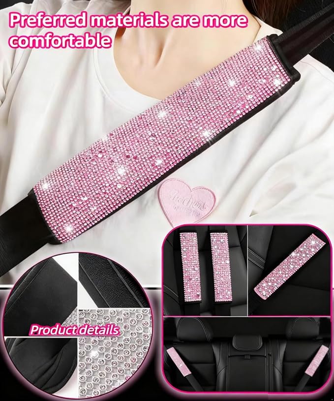 11 pcs Bling Car Accessories Set for Women, Steering Wheel Cover, Sparkly Seat Belt Covers, Daisy Vent Clips, Bling Shift Cover，Universal Fit Most Cars (Pink Diamond)