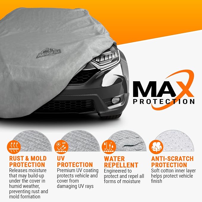 Armor All Car Cover Waterproof All Weather Heavy Duty SUV or CUV up to186 | Scratch-resistant soft lining, 6 secure straps, includes storage bag, works for Sun Rain Snow Hail Outdoor Indoor Protection