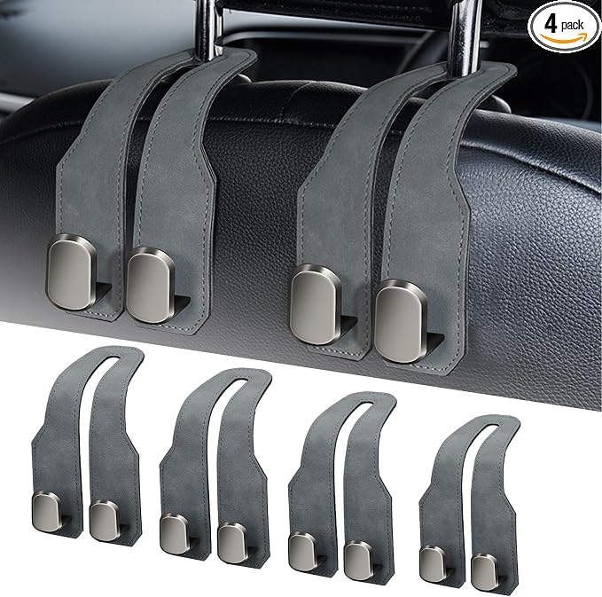 Car Seat Headrest Hooks for Purses and Bags, 4 Pack Bag Purse Holder for Car with Double Metal Hooks, Car Purse Hanger, Headrest Back Seat Handbags Hook Cute Hanging Accessories, Grey
