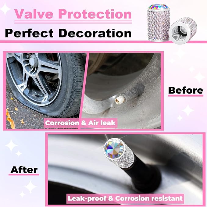 BFXM 4Pcs Car Tire Valve Stem Caps, Bling Tire Air Cap for Car, Car Accessories for Women Universal Stem Covers, Anodized Aluminum Tires Valve Cap with O Rubber Ring, Crystal Diamond