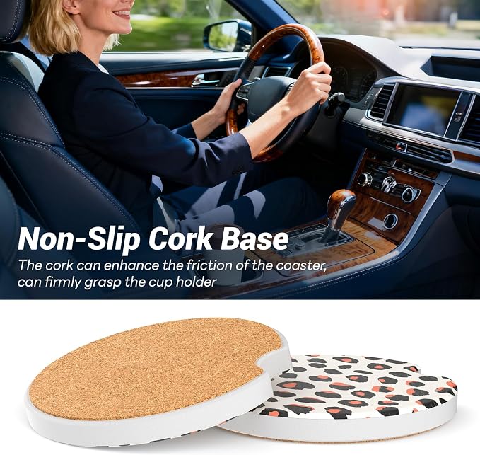 Car Cup Holder Ceramic Coasters 2 Pack, 2.56 in Anti Slip Absorbent Coaster with Cork Base and Finger Notch, Funny Cute Car Accessories Interior for Women, Orange Leopard Print