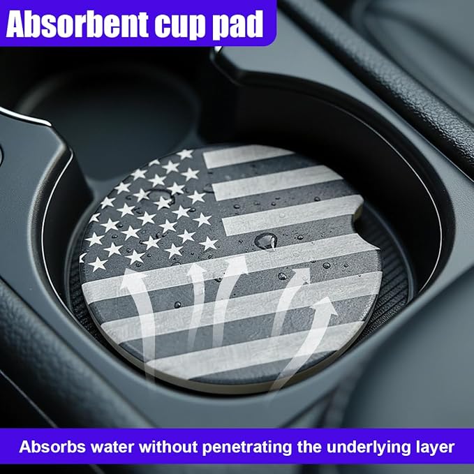 Craedli 2PCS American Flag Car Coasters for Cup Holders, 2.51" Absorbent Ceramic Anti-Slip Drink Insert Car Cup Holder Coaster with Finger Notch, Universal Auto Interior Accessory for Women Men (Gray)