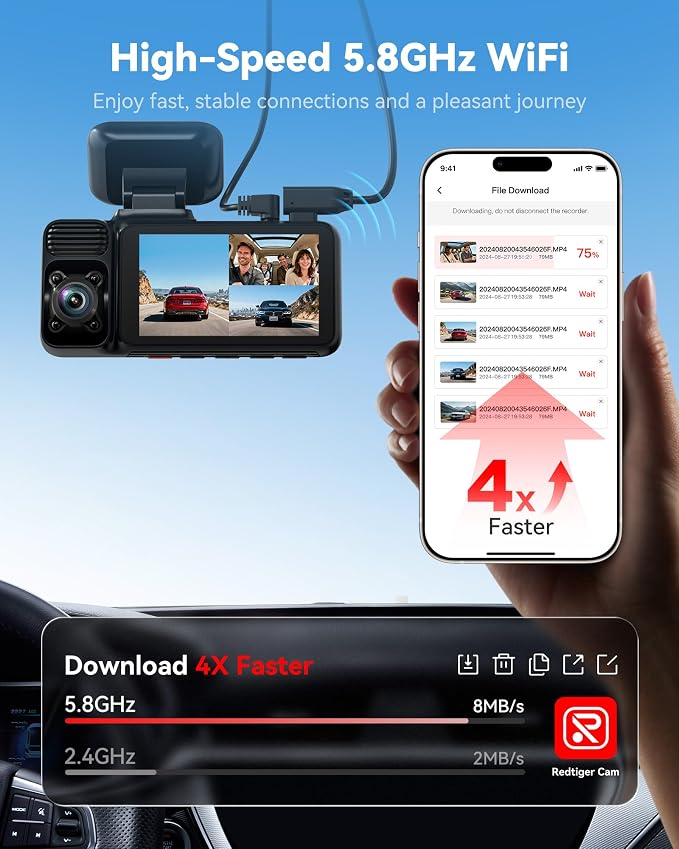 REDTIGER F17 4K 3CH Dash Cam, STARVIS 2 IMX675 HDR, 64GB Card, 5.8GHz WiFi | 2160P+1080P*2 Front Inside and Rear, 4 IR Night Vision, G-Sensor, GPS Tracking, Exclusive App, WDR Car Camera, Parking Mode