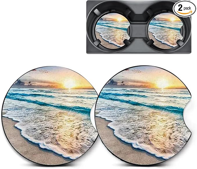 2 Pack Beach Sunset Car Coasters for Cup Holders,Neoprene Anti Slip Mat | 2.75" Universal Size,Auto Rubber Drink Coasters Decor Car Accessories Interior Beach Sunset Gifts for Women Men