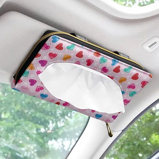 Colorful Hearts Tissue Box Holder Car Visor Tissue Holder PU Leather Sun Visor Napkin, Mask Dispenser Car Visor Accessories Decoration for Women Girls