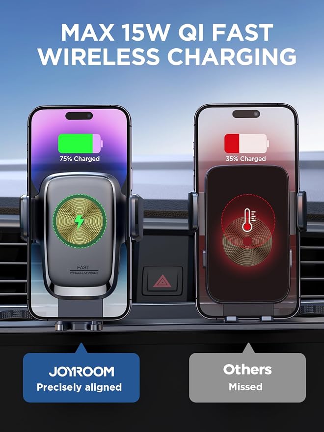 JOYROOM Wireless Car Charger, 15W Fast Charging Auto Clamping Car Phone Holder Charger, Air Vent Car Phone Holder Mount for iPhone 17/16/15 Pro Max Air, Galaxy S26/25 Ultra, Pixel 10 Pro and More