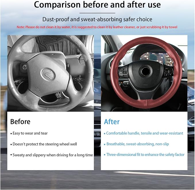 Kewucn Genuine Leather Steering Wheel Cover, 15" Universal Car Steering Wheel Protector with Needle Thread, Breathable Anti-Slip Steering Wheel Cover DIY Stitch on Wrap (Wine Red, Full Hole)