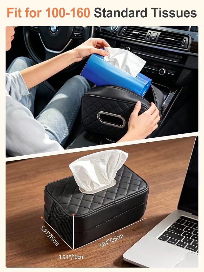 2 Pack Car Tissue Holder, Diamond-quilted Stitching Tissue Box Cover with 2 Mesh Storage Pockets, PU Leather Rectangle Napkin Organizer Fit for 90-160 Regular Size Tissues,Black