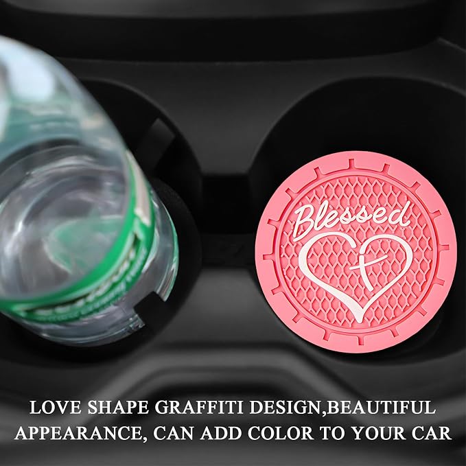 KVAEY 2 PCS Car Cup Holder Coasters, 2.76 Inch Anti Slip Vehicle Drink Mats with Cute Blessed Cross and Heart, Shockproof, Universal Car Accessories (Pink, 2 PCS)