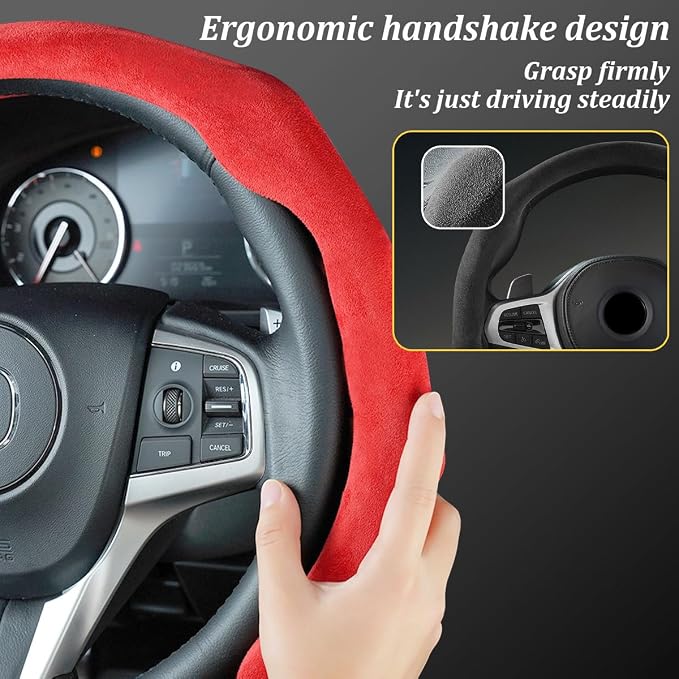 Car Steering Wheel Cover, Soft Brethable Suede Non-Slip Vehicle Steering Wheel Protector, Comfortable Sporty Auto Interior Protection Accessories, Universal for Truck SUV Van (Bright Red)