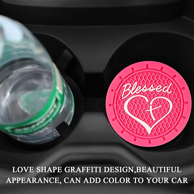 KVAEY 2 PCS Car Cup Holder Coasters, 2.76 Inch Anti Slip Vehicle Drink Mats with Cute Blessed Cross and Heart, Shockproof, Universal Car Accessories (Rose Red, 2 PCS)