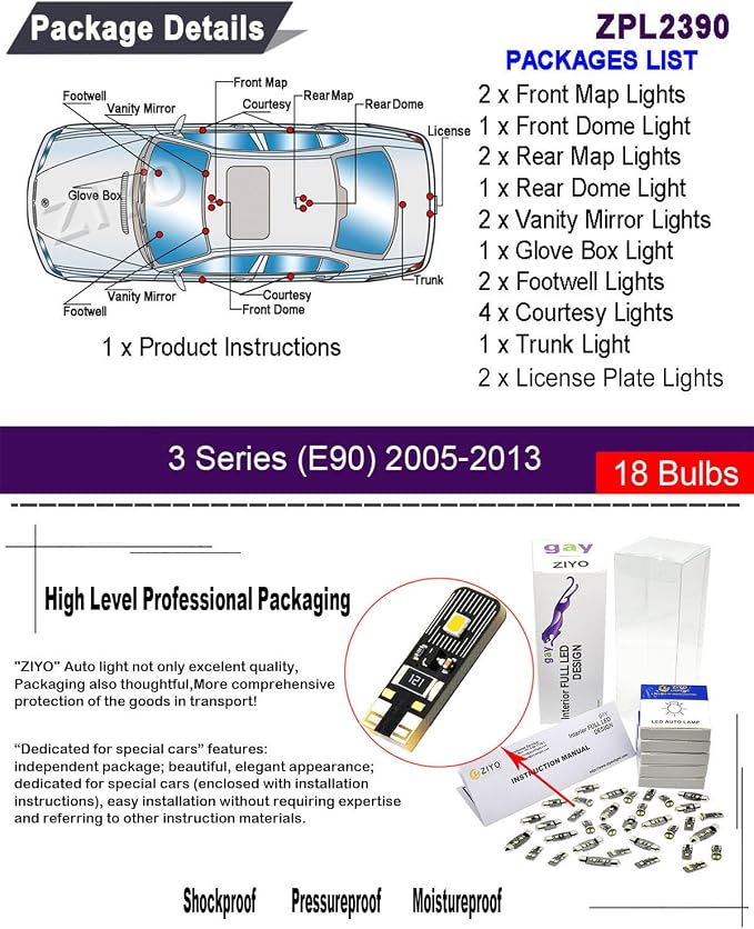 ZIYO LED Interior Light Kit Replacement for BMW E90 E91 E92 E93 3 Series 2005-2013, 6000K Xenon White LED Dome Light Bulbs Upgrade Error Free (BMW E90 Sedan (18 Bulbs))