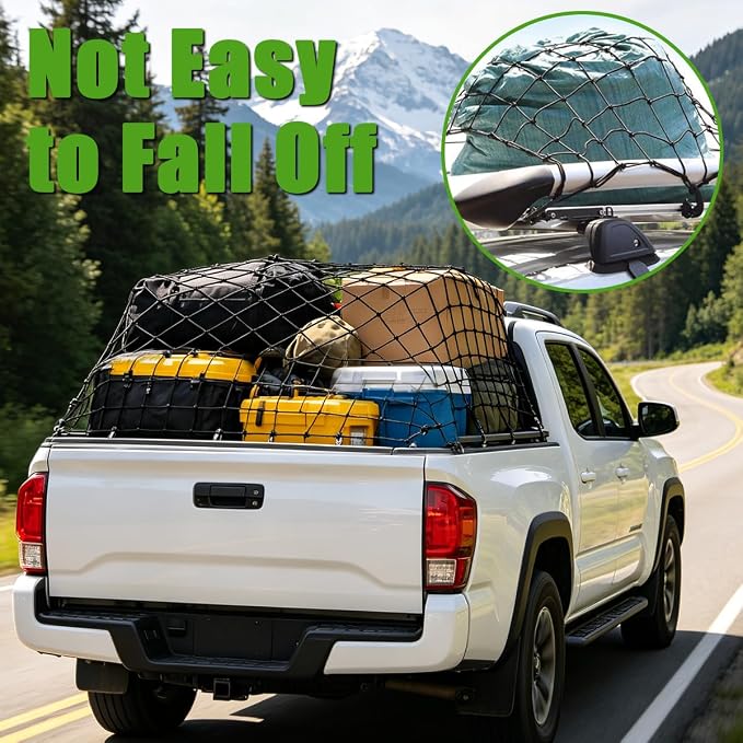 4' x 6' Cargo Net for Pickup Truck Bed Stretches to 6' x 12' Heavy Duty Roof Rack Cargo Bungee Mesh Netting with Hooks Carabiners for Ford Chevy Dodge Ram Toyota