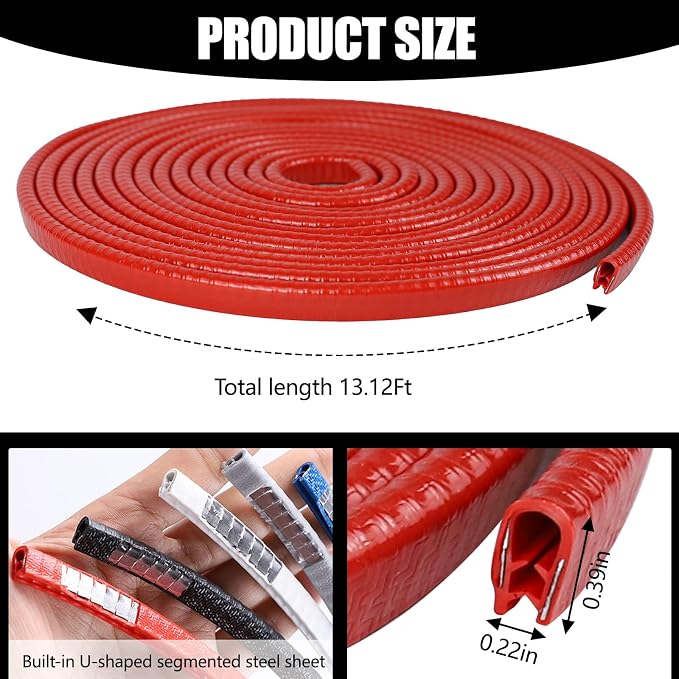 Wuyaoyao 13.1Ft (4M) Car Door Edge Guards, Rubber U Shape Automotive Door Entry Guard Protector Strip, No Glue Required, Universal Vehicle Doors Edge Trim, Exterior Car Accessories (Red, 13.1FT)