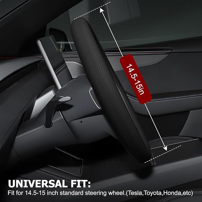 Microfiber Leather Steering Wheel Cover, 14.5-15 inch, Black | Universal Fit, Easy to Install, Non-Slip Design, Breathable