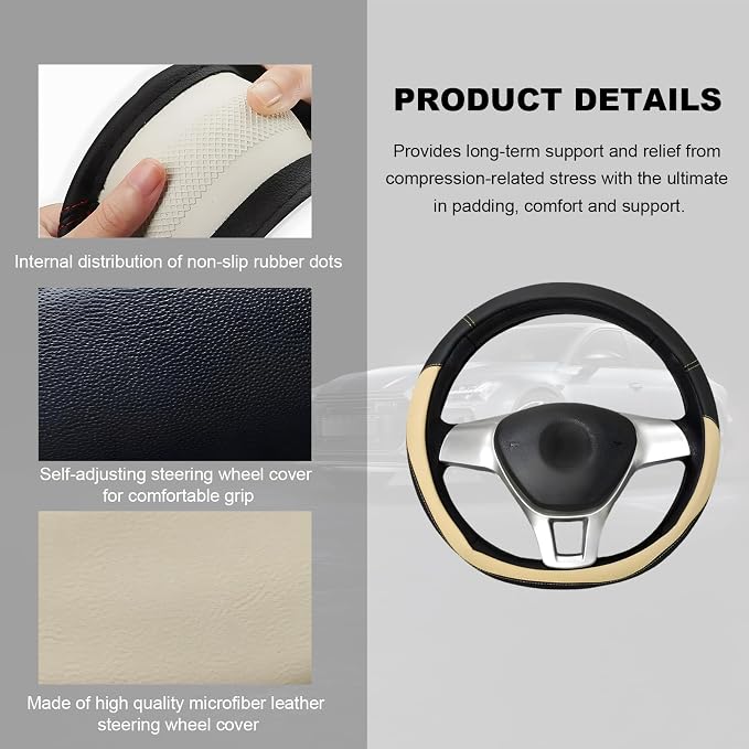 Leather Steering Wheel Cover, Anti-Slip Full Surround Car Wheel Protector with Comfortable Grip, Universal Elastic Decorative Cover Fit for 14 1/2-15 Inch Steering Wheels (Beige)