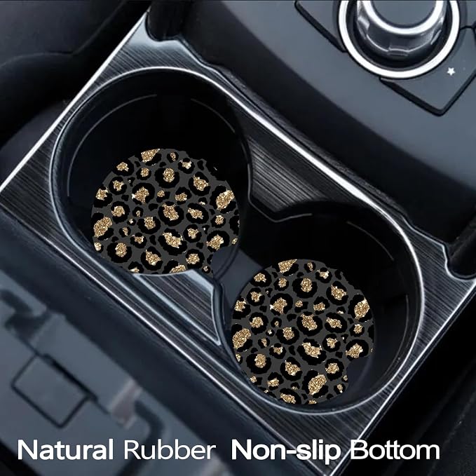 Car Coasters for Cup Holders - Black Gold Leopard Print | 2 Pack Anti Slip Universal Rubber Car Cup Coaster for Women Men, Car Interior Accessories
