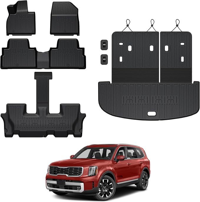 Floor Mats for Kia Telluride 2020-2025, All Weather Floor Mats Trunk Cargo Liner with Backrest Protectors Accessories, Full Coverage Set (Fit 7/8 Seats)