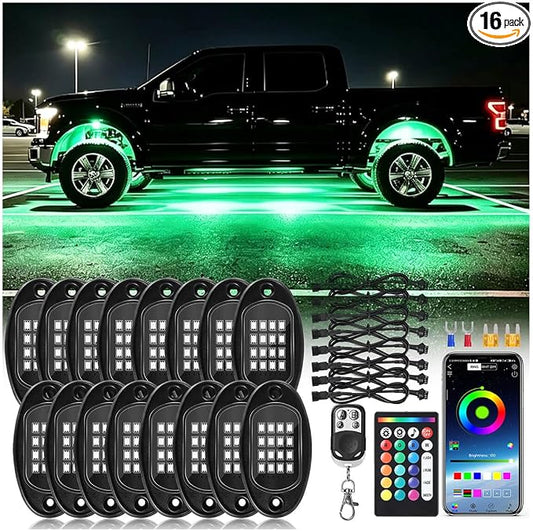 16Pods RGB LED Rock Lights Kit with APP/RF Remote Control Dual Zone Brake, Car Underglow Lights Multicolor Neon Underbody Light for Trucks Pickup Jeep Golf Cart SXS ATV UTV Off Road 12V