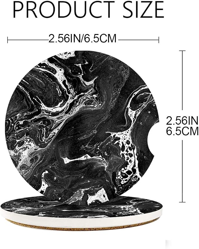 Britimes Absorbent Car Coasters 2 Pack for Cup Holders, 2.56" Ceramic Stone & Non-Scratch Cork Base Drink Coasters Cupholder Black Marble
