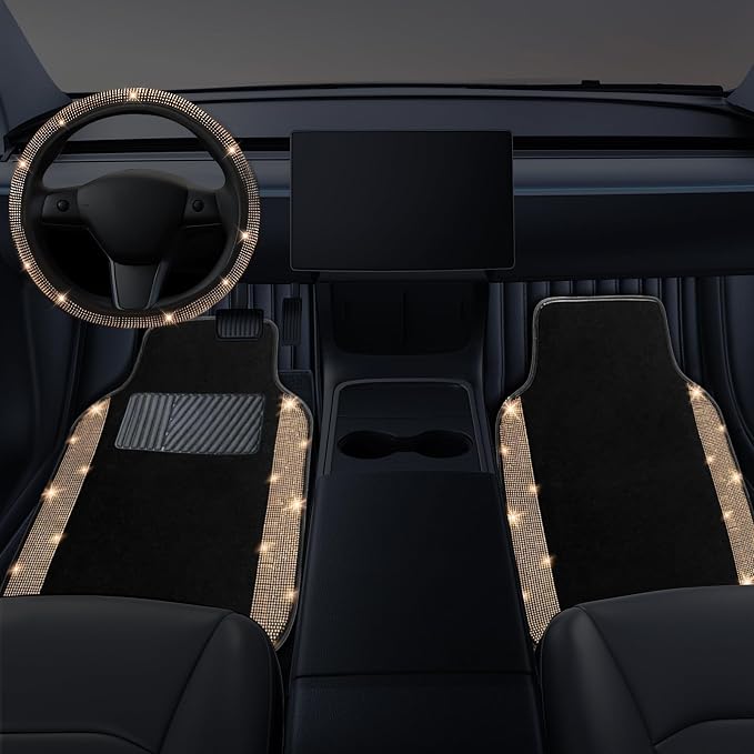 NBTEPEM Bling Car Floor Mats Full Set and Steering Wheel Cover, Universal Fit Most Cars, 4 pcs Sparkle Glitter Diamond Carpet, 5 pcs Bling Car Accessories Set for Women (Champagne Diamond)