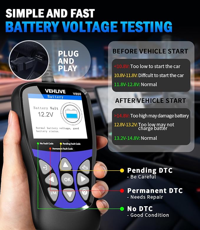 OBD2 Scanner Diagnostic Tool, VEHLIVE V860 Car Code Reader for Check Engine Light with Reset, I/M Readiness, Battery Tester, Live Data, CAN Diagnostic Scan Tool for All OBDII Vehicles After 1996