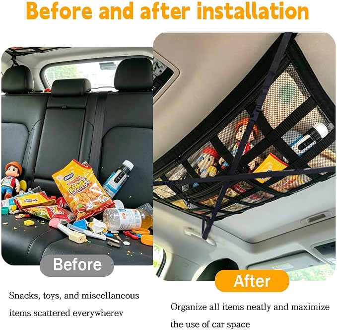 Car Ceiling Cargo Net, 35.4x25.6 Inch Large Overhead Storage Mesh Organizer with 1 Pockets, Double Layer Roof Bag for SUV Van, Camping Overlanding Gear, Adjustable Road Trip Essentials