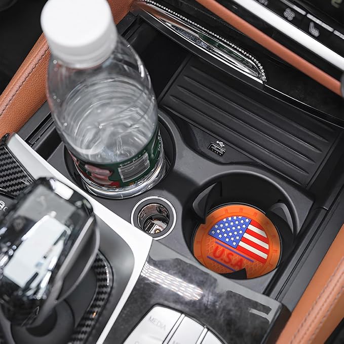 AUCELI 2 Pack Car Cup Holder Coasters, Colored American Flag US Flag Insert Car Cup Coaster, 2.75 Inch Anti Slip Shockproof Embedded Drink Mat, Vehicle Interior Decor Accessories