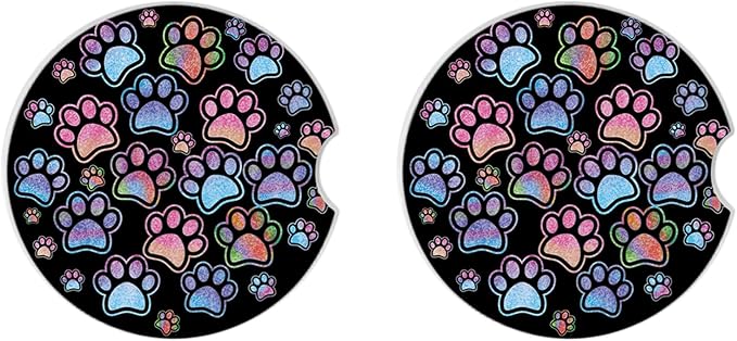 2 Pack Absorbent Car Coasters for Cup Holders,Gradient Black Dog paw Print Ceramic Coasters with Cork Back and Finger Slot,2.56" Auto Accessories for Women & Men.