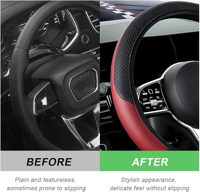 DXNQ Car Steering Wheel Cover, 15 Inch Carbon Fiber Leather Stitching Color Steering Wheel Protector, Anti-Slip Elastic Breathable Steering Wheel Cover Stylish Decor for Most Cars (Wine Red, AD)