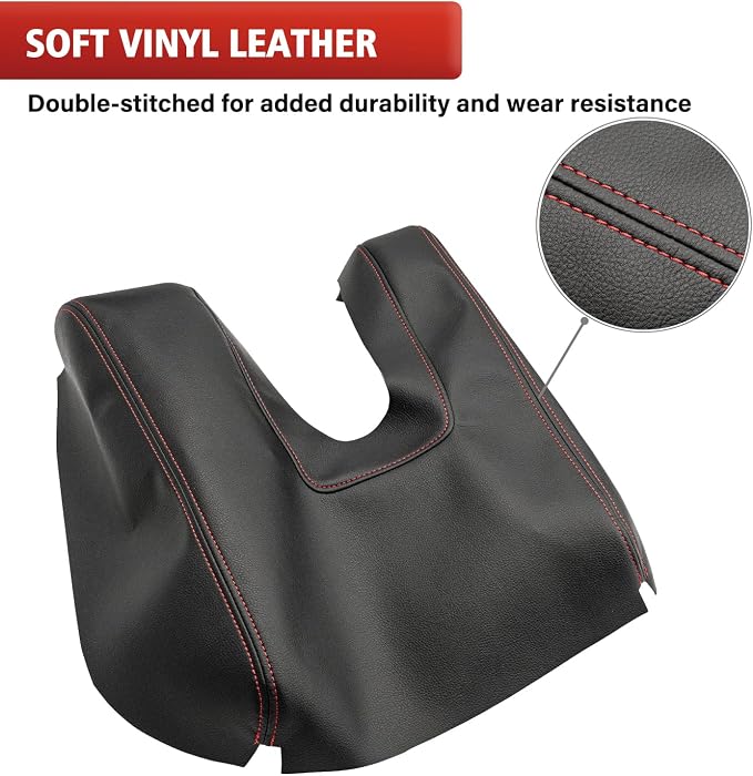 KBH Car Center Console Cover Replacement for Toyota Tundra 2014 2015 2016 2017 2018 2019 2020 2021, Vinyl Leather Armrest Uhpholstery, Anti-Scratch, Black-red Stitch (Leather Part Only)