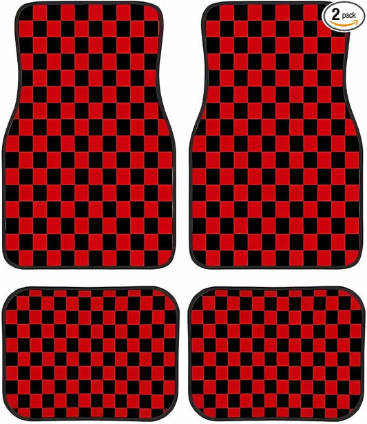 Universal Fit Car Floor Mats Set of 4Pcs, All-Weather Front Rear Car Carpet Mats, Non-Slip Car Floor Mat Car Accessories for Automotive Trucks SUV Sedans Vans (Black and Red Checkered)