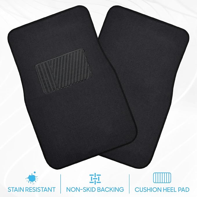 BDK Premium 4PC Set of Carpet Car Floor Mats with Vinyl Safety Heel Pad for Car, Truck, SUV, Coupe Sedan, Black (MT-100-BK)