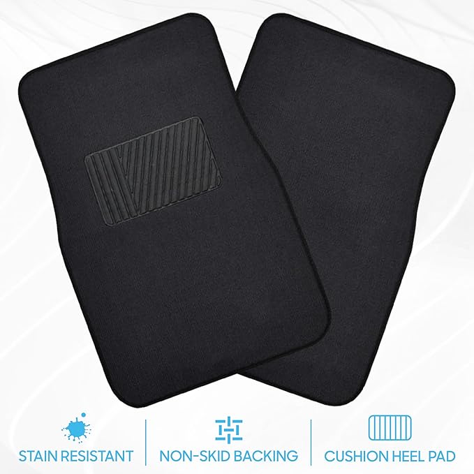 BDK Premium Black Carpet Floor Mats for Cars - Universal Fit Interior 4-Piece Car Mats Full Set with Vinyl Heel Pad Protector - Cute Car Accessories Interior Floor Covers for SUVs & Trucks