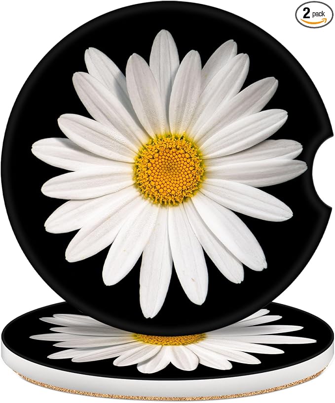 2 Pack Car Coasters for Cup Holders, 2.56" Universal Absorbent Ceramic Stone Car Cup Holder Coasters with Non-Slip Cork Base, Car Interior Accessories for Women Men(Black White Daisy)