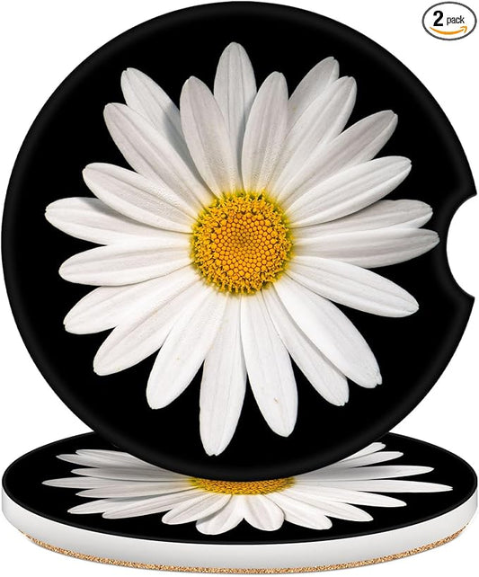 2 Pack Car Coasters for Cup Holders, 2.56" Universal Absorbent Ceramic Stone Car Cup Holder Coasters with Non-Slip Cork Base, Car Interior Accessories for Women Men(Black White Daisy)