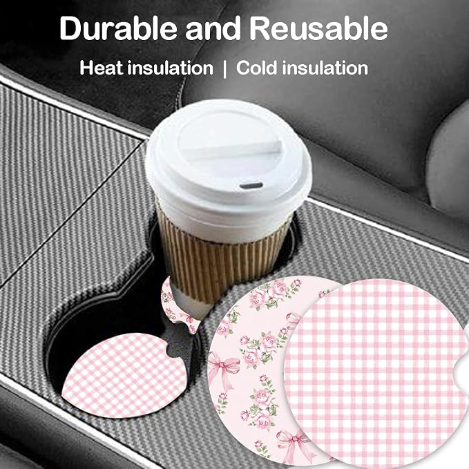 Ceramic Car Coasters – Absorbent Car Cup Holder Coaster Set for Women, Cute Aesthetic Car Accessories for Girls, 2 Pack (Fuchsia)