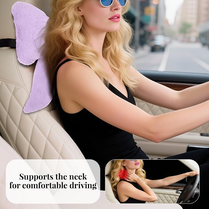 Bow Car Headrest Pillows Plush Car Neck Pillows for Travel Driving Office Chair Head Support Cushions, Also Cute Car Decor Accessories (2PCS Purple)