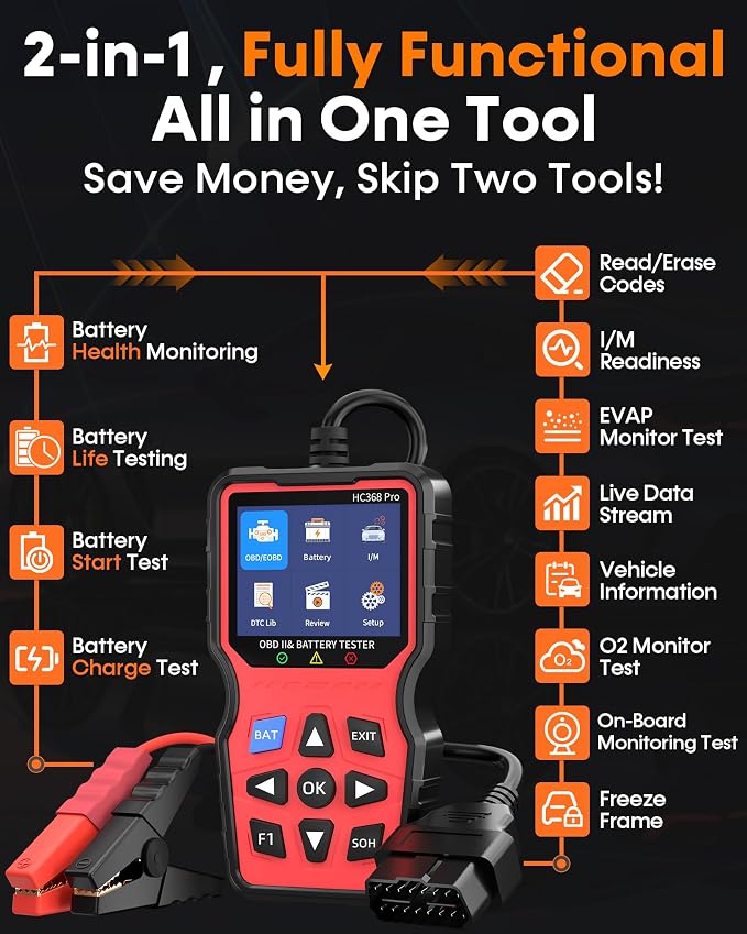 Easy to Use 2-in-1 OBD2 Scanner with Battery Tester: 1S Read & Clear Check Engine Codes + Test Battery in Mins - DIY Car Diagnostic Tool with Cold Cranking Amps for Pre-Trip Safety on 1996+ Vehicles