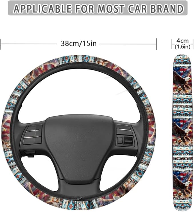 Wanyint Auto Steering Wheel Cover Unviersal 15 Inch Steering Wheel Wrap Cover 4th of July Auto Interior Accessories Decor for All Seasons, Aztec Eagle US Flag