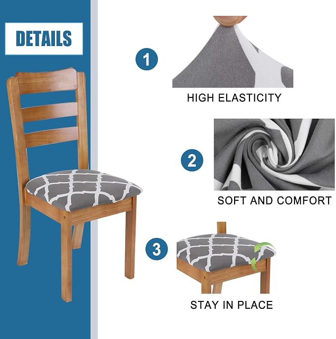 SearchI Seat Covers for Dining Room Chairs Stretch Printed Chair Seat Covers Set of 8, Removable Washable Upholstered Chair Seat Protector Cushion Slipcovers for Kitchen, Office(Grey+White)