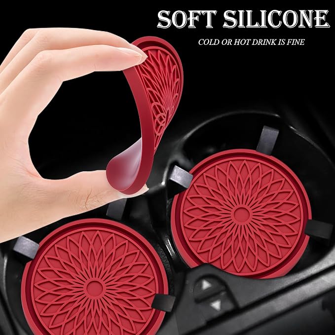 2-Pack Car Cup Holder Coaster Inserts, 2.75 Inch Non-Slip Silicone Liners, Shockproof Drink Holder Mat for Women Men, Universal Fit for Most Vehicles (Red)