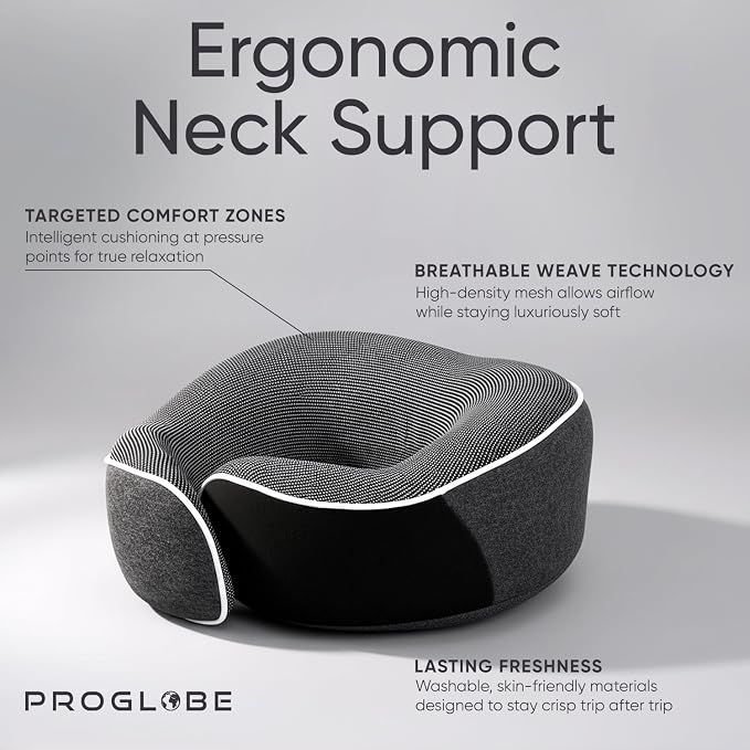 Proglobe Travel Neck Pillow 100% Memory Foam – Airplane & Car Travel Essentials Kit with 3D Eye Mask, Earplugs & Mesh Bag – Sleeping Support Pillow for Adults (Dark Grey)