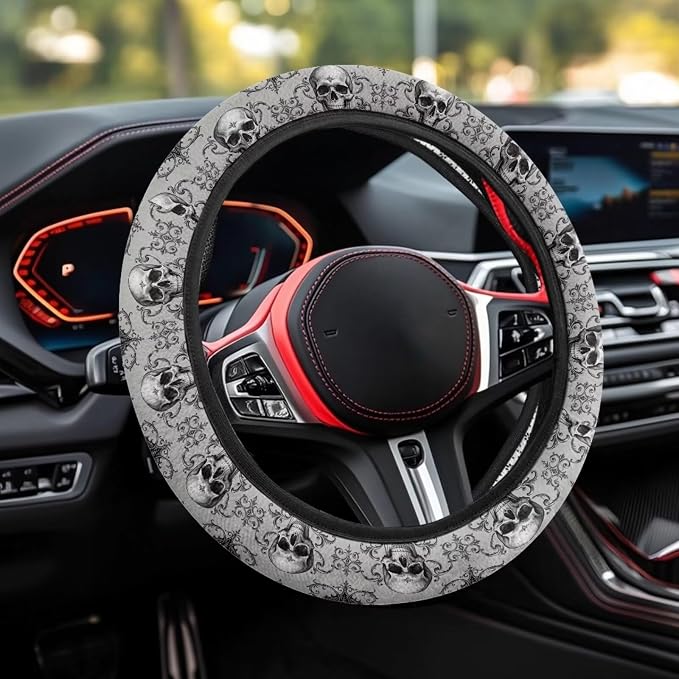 AFPANQZ Steering Wheel Protection for Most Cars Interior Accessories | Skull Bat Grey Automotive Steering Wheel Cushion, Halloween Decor, Anti-slip Universal 14-15 inch, Easy Install