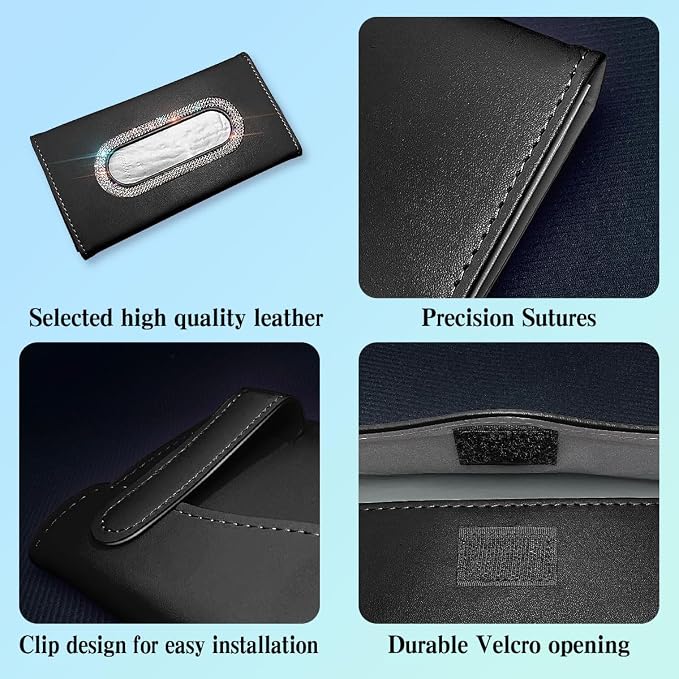 Bling Car Visor Tissue Holder, Diamond Mask Holder, PU Leather Tissue Box Holder, Wipes Case, Sun Visor Napkin Holder (Black)