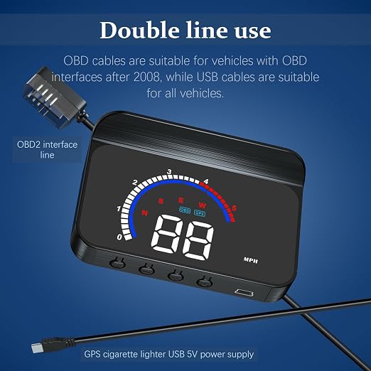 Liiiyuan M13PLUS Heads Up Display for Cars, OBD2+GPS Car GPS Speedometer Display Speed,Time,Mileage,Single Trip,Time, Water Temperature and Multiple Alarm Functions Suitable for All Cars