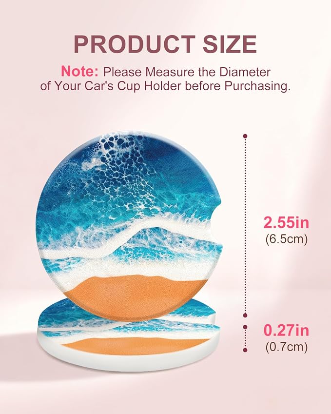 Swooflia Car Coasters for Women - Beach Ceramic Car Cupholder Coaster Cool Absorbent Mat Coaster with Cork Base 2 Pack Automotive Cup Holder Accessories New Driver Gifts for Decor