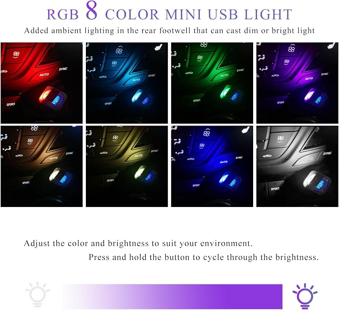 2 PCS USB Type C LED Ambient Light, 8 Colors RGB Car Interior Atmosphere Lamp, Plug-in USB Interface Mini LED Night Light, Portable Decoration Lighting Kit for Car Laptop