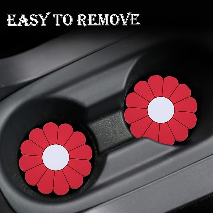 4-Pack Car Cup Holder Coaster Inserts, Daisy Shape, 2.75 Inch Non-Slip Silicone Cup Holder Insert, Universal Non-Slip Cup Holders, Car Accessories Interior for Women and Man (Red)