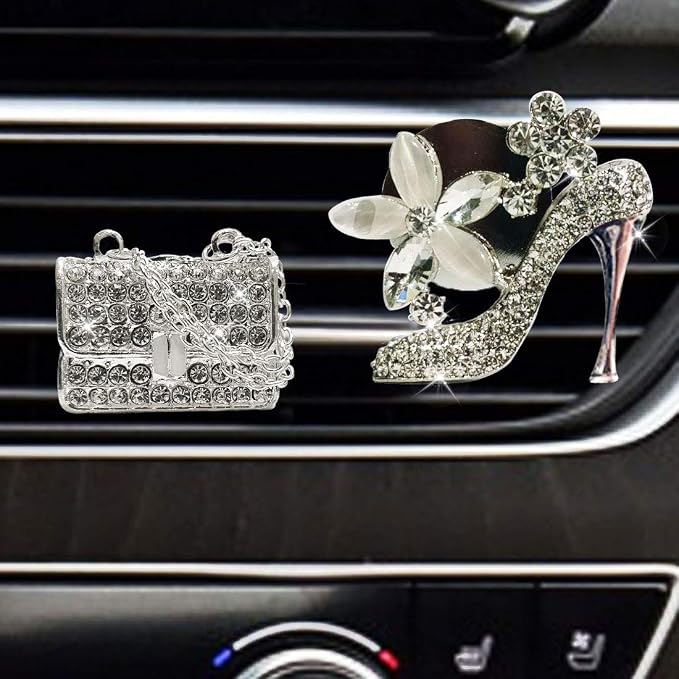 LHEVEN Crystal High Heel Shoe & Magic Bag Car Air Vent Clip Charm Bling sparkly bedazzled rhinestone Car Bling Accessories, Car Interior Decoration Charm, Rhinestone cute Car Decor girls